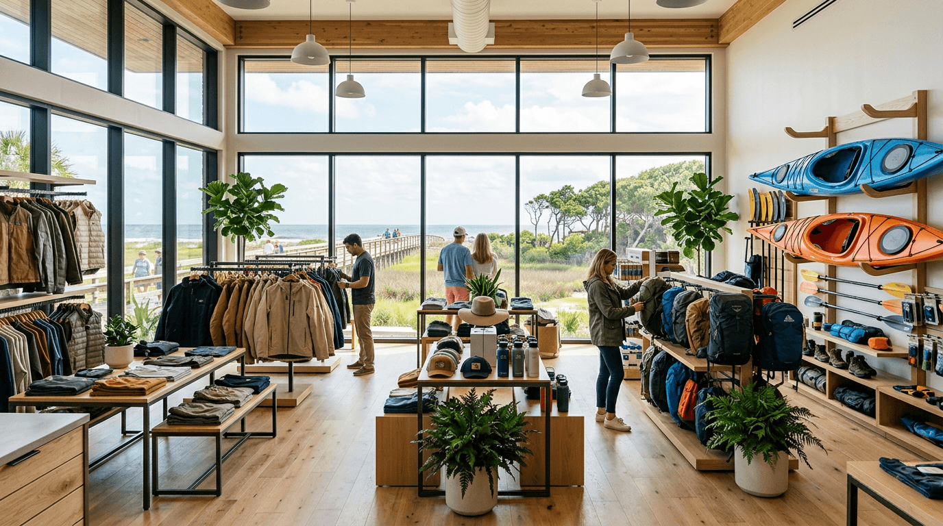 An independent outdoor and apparel store in the late morning, a customer browsing a rail