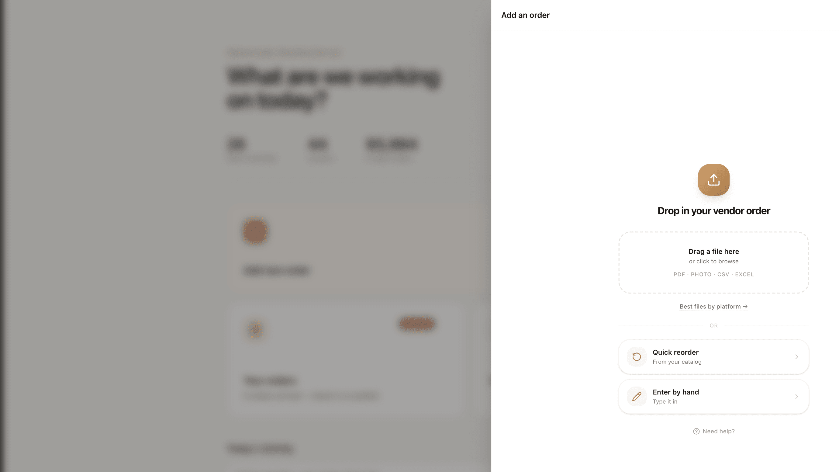 Invoe Add an order drawer with PDF, photo, CSV, and Excel upload options