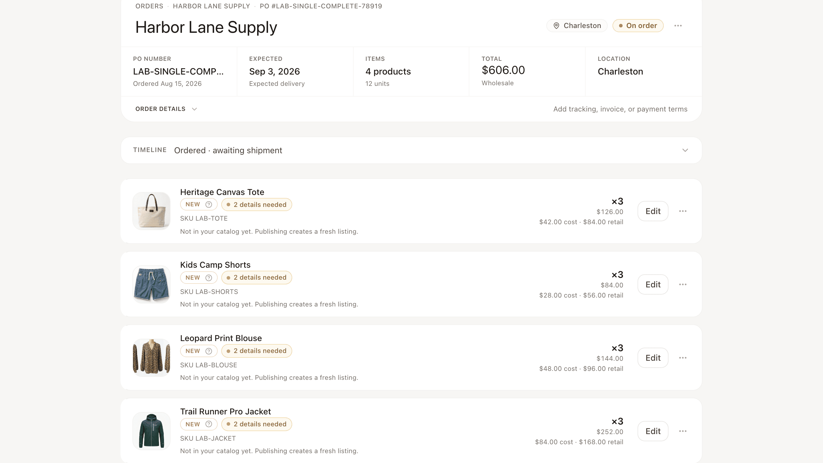 Invoe purchase order with four products, product photos, variants, quantities, cost, and retail prices