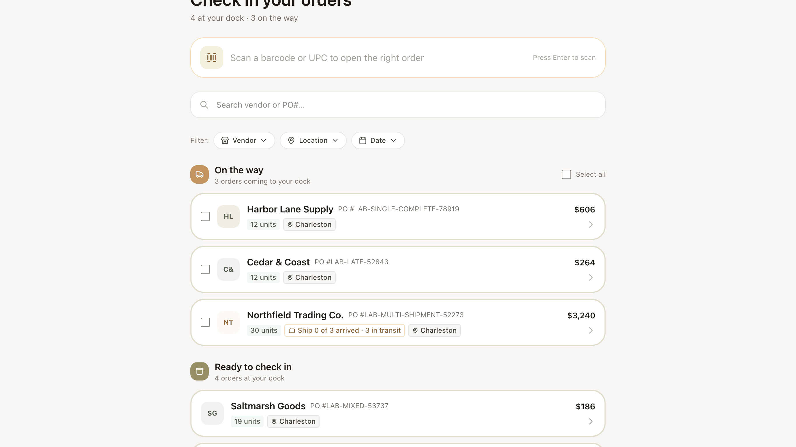 Invoe receiving queue showing vendor orders that are at the dock or on the way