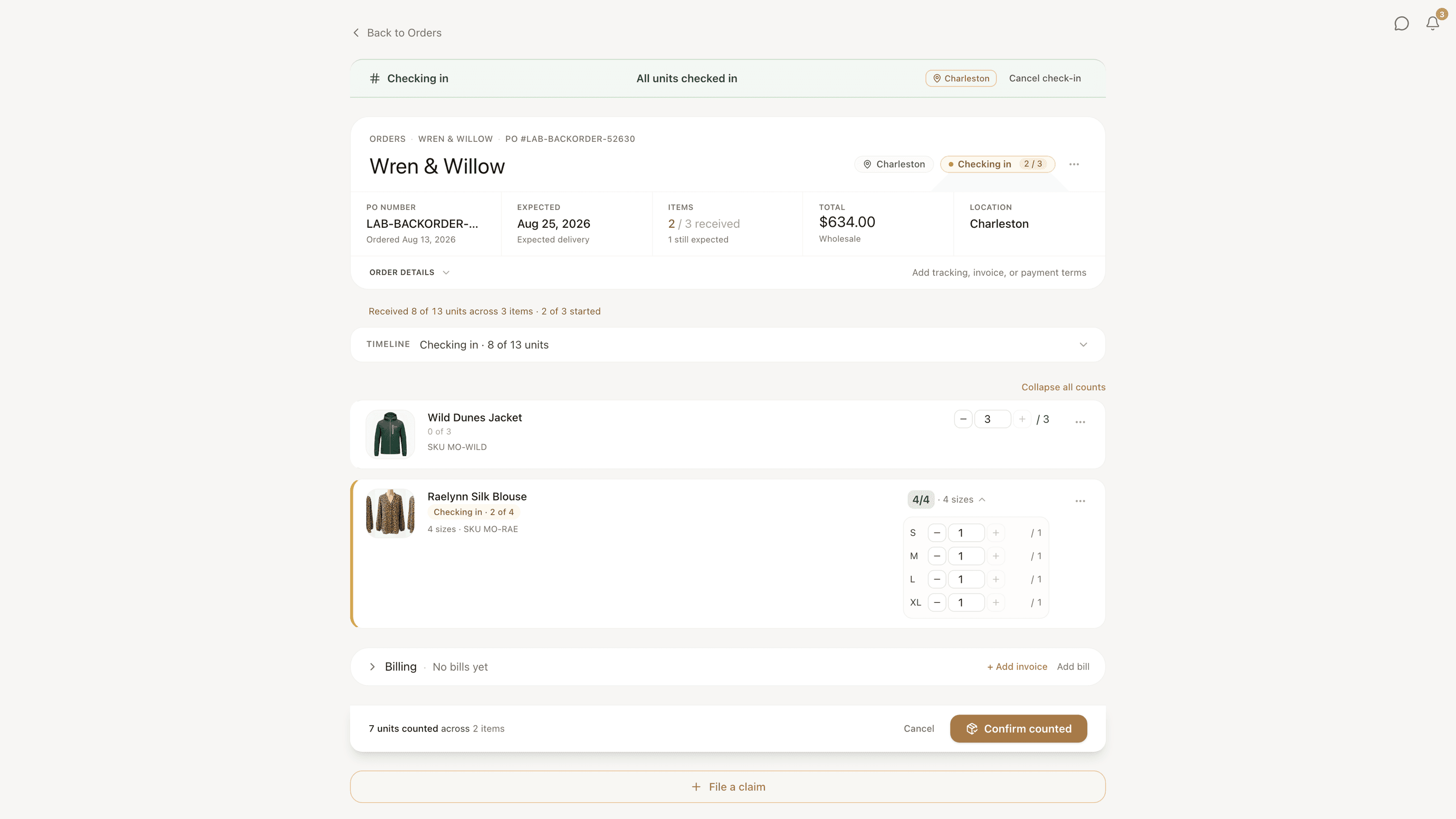 Invoe count-in screen with two products, one of them counted size by size with a stepper for S, M, L and XL