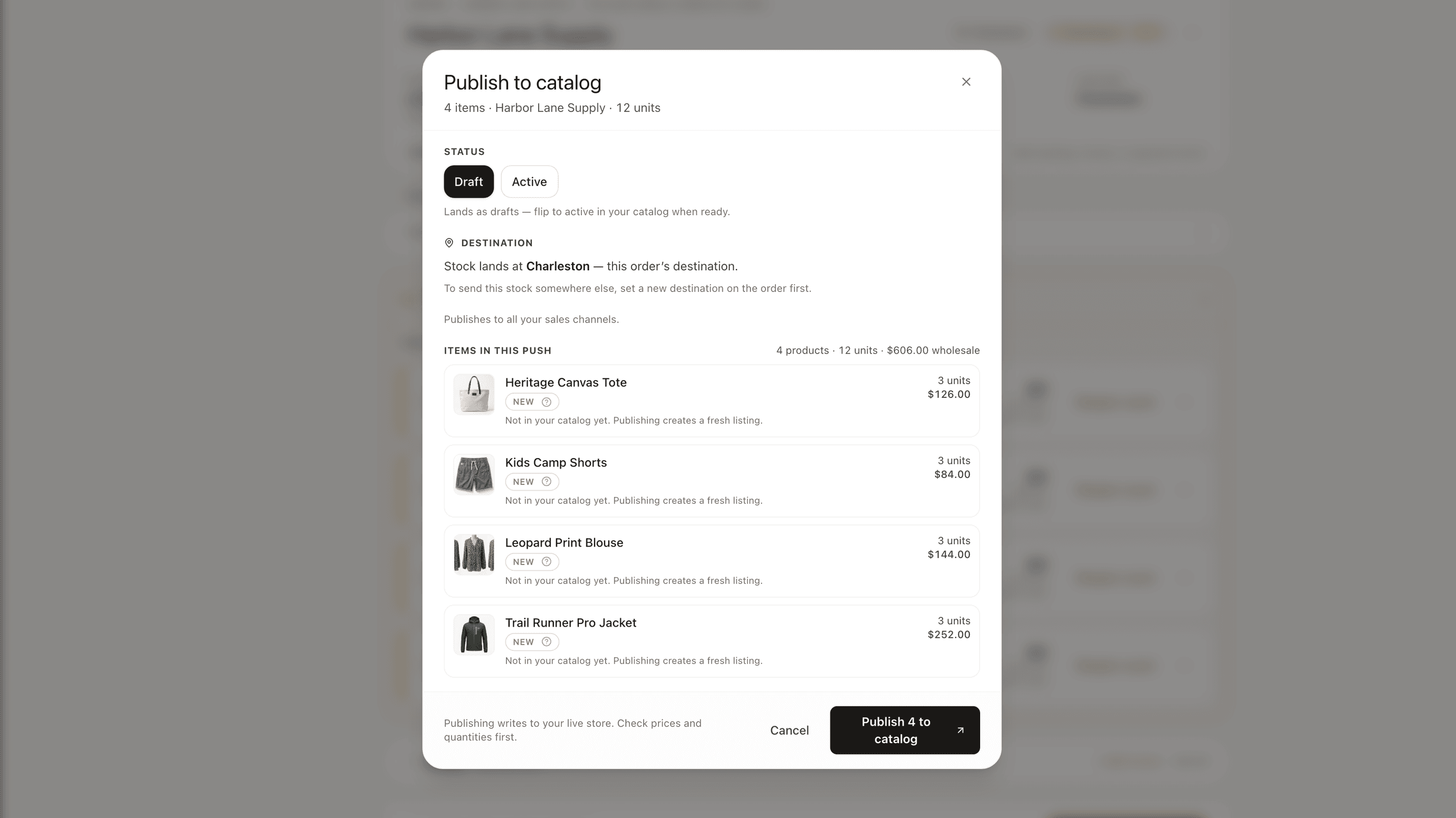 Invoe checked-in products selected for the publish-to-catalog step