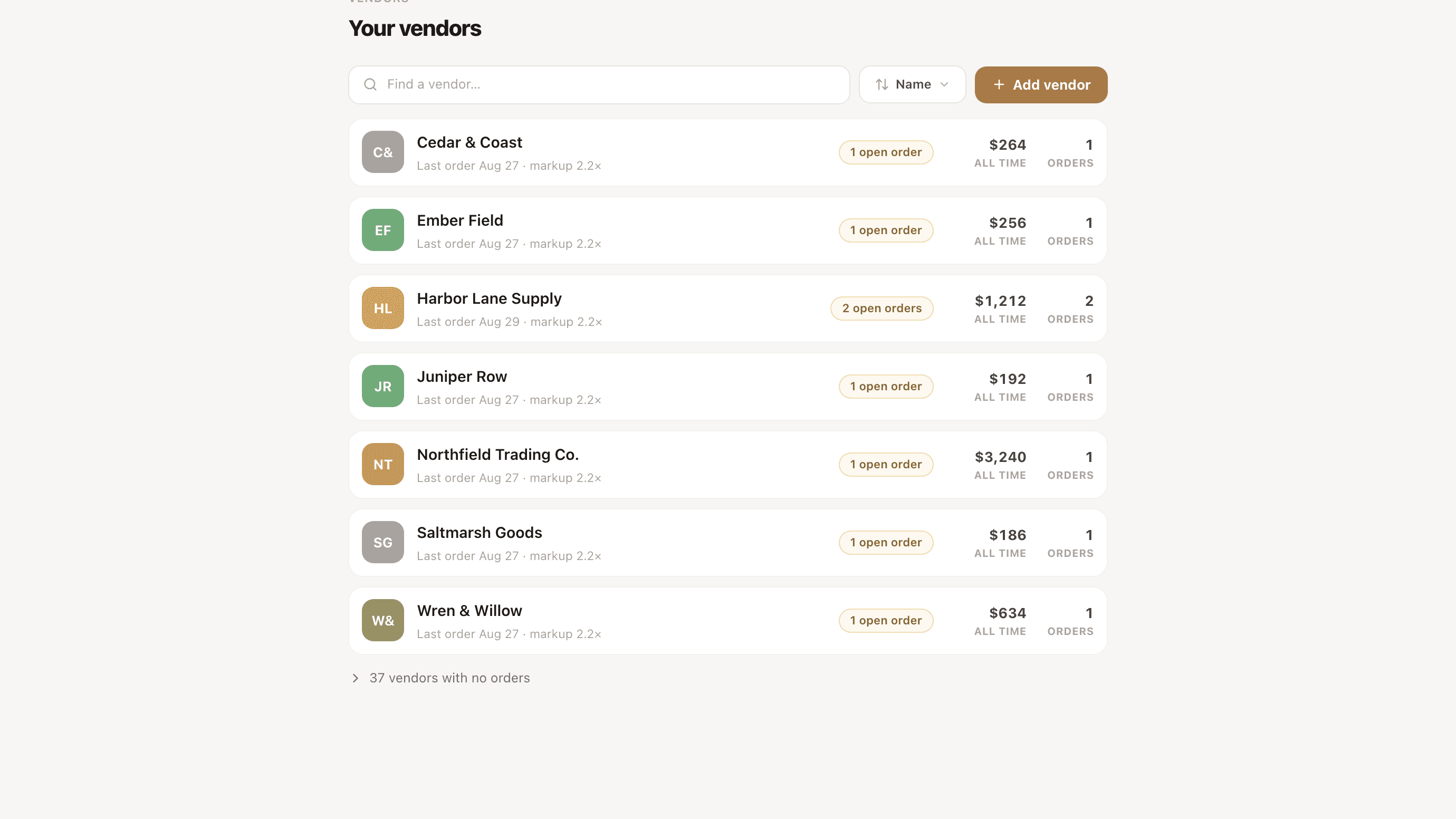 Invoe vendor list with open orders and history alongside each vendor