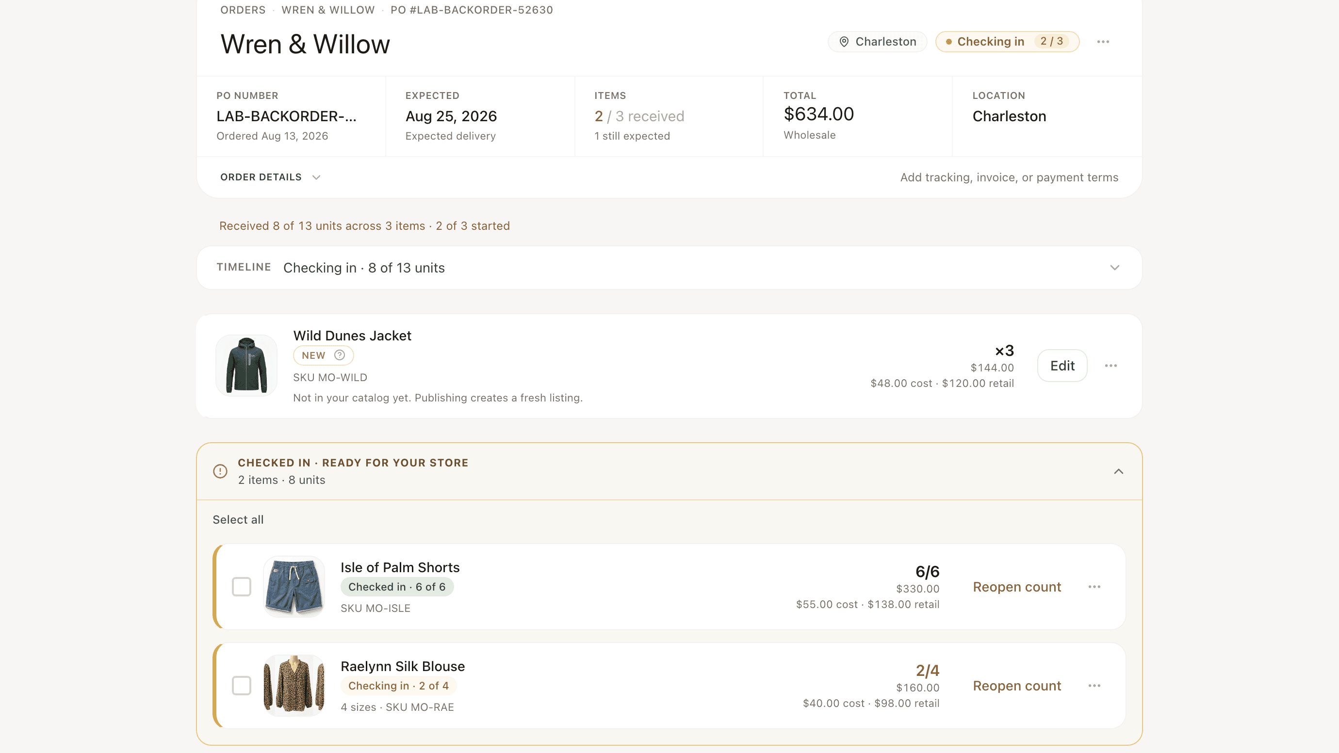 Invoe purchase order showing 8 of 13 units received across three items, with one item complete, one partially counted across four sizes, and one not yet arrived