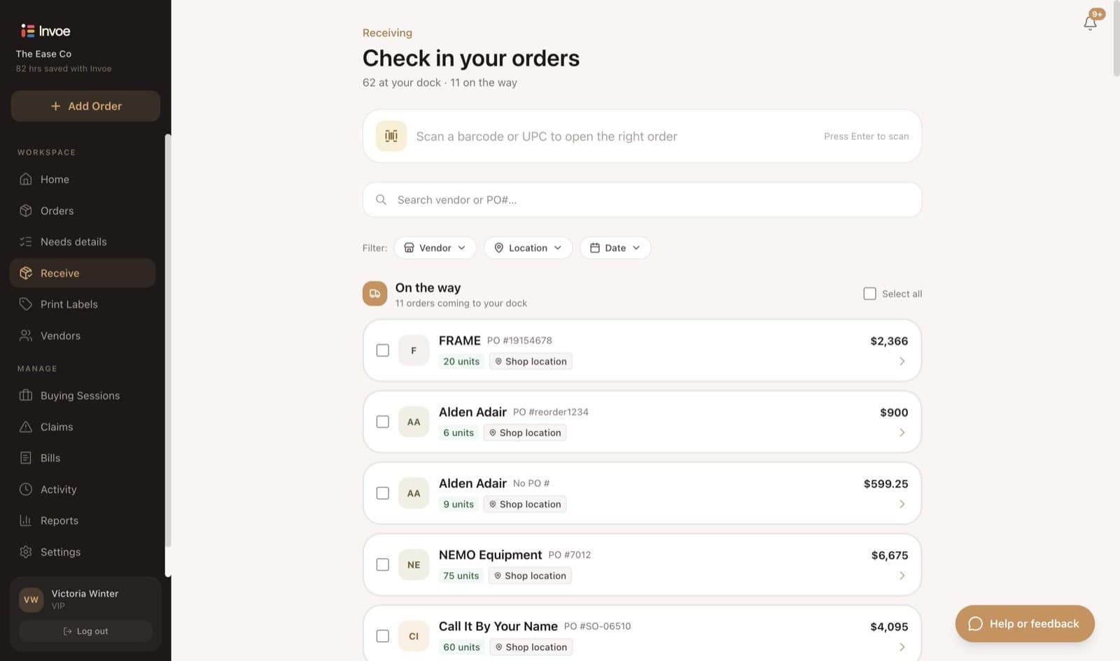 The Invoe receiving board: orders at the dock and orders on the way, each with vendor, PO number, unit count and value.