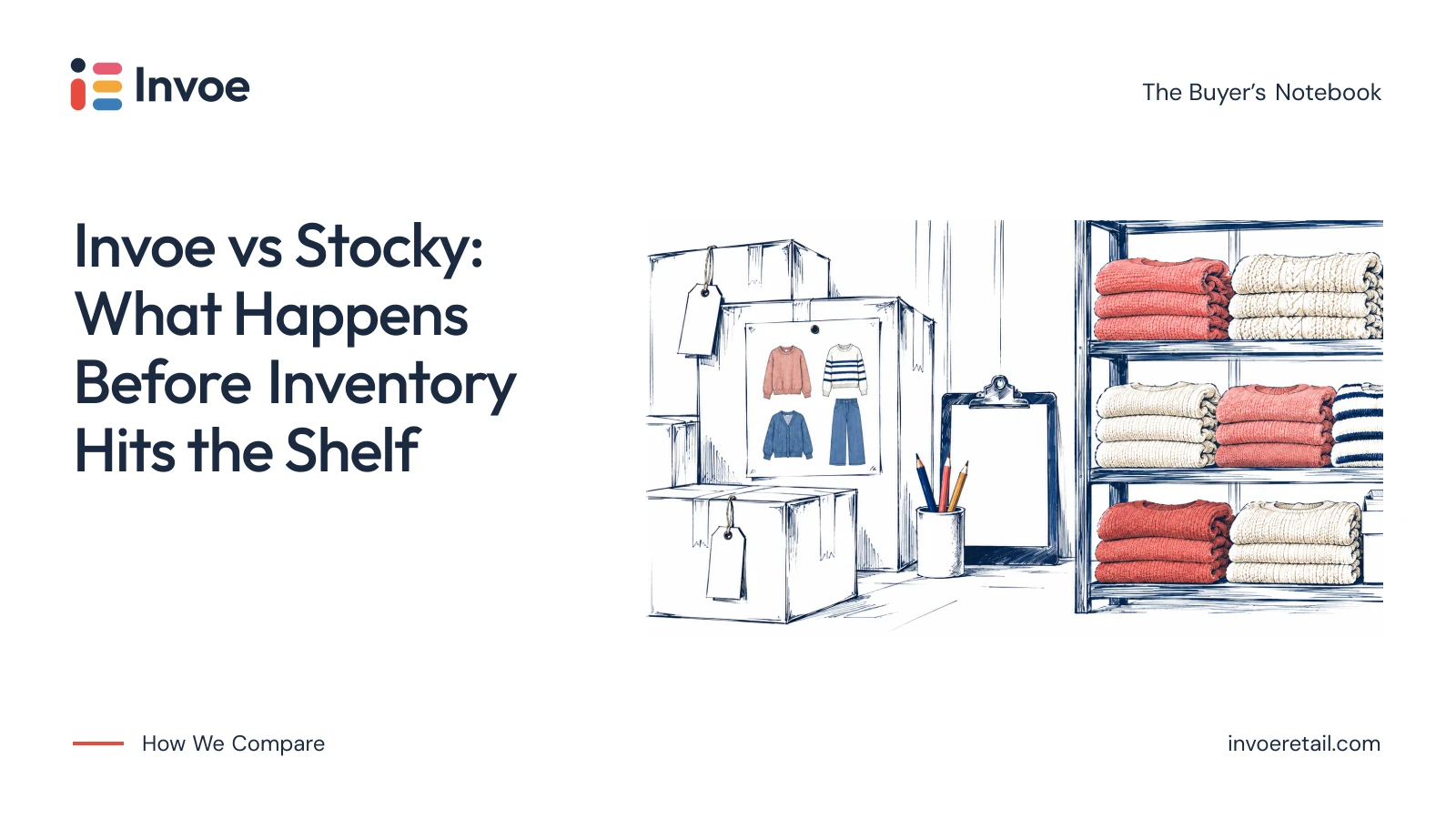 Illustration contrasting incoming vendor boxes with knitwear already arranged on stockroom shelves.