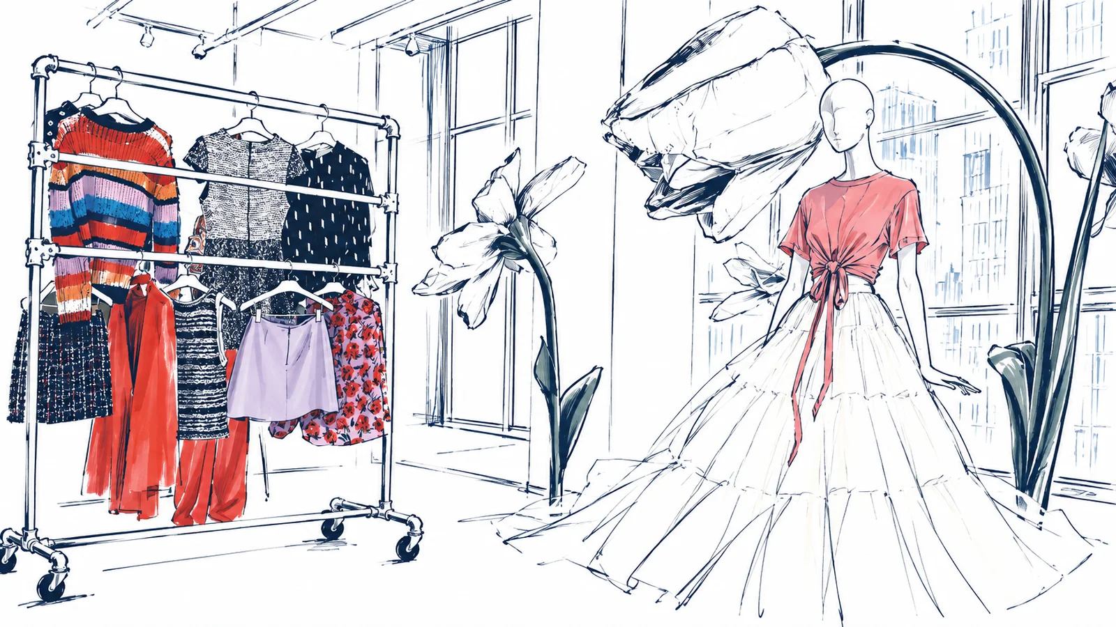 Navy ink sketch of a showroom garment rail, an oversized flower, and a dressed mannequin.