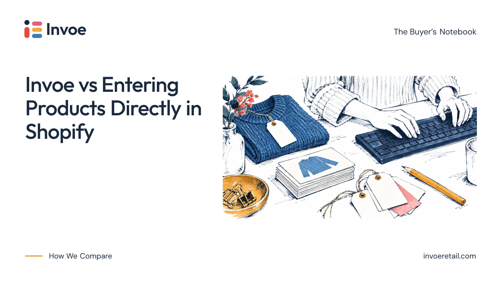 Illustration of hands at a keyboard beside product cards, tags, and a folded sweater.