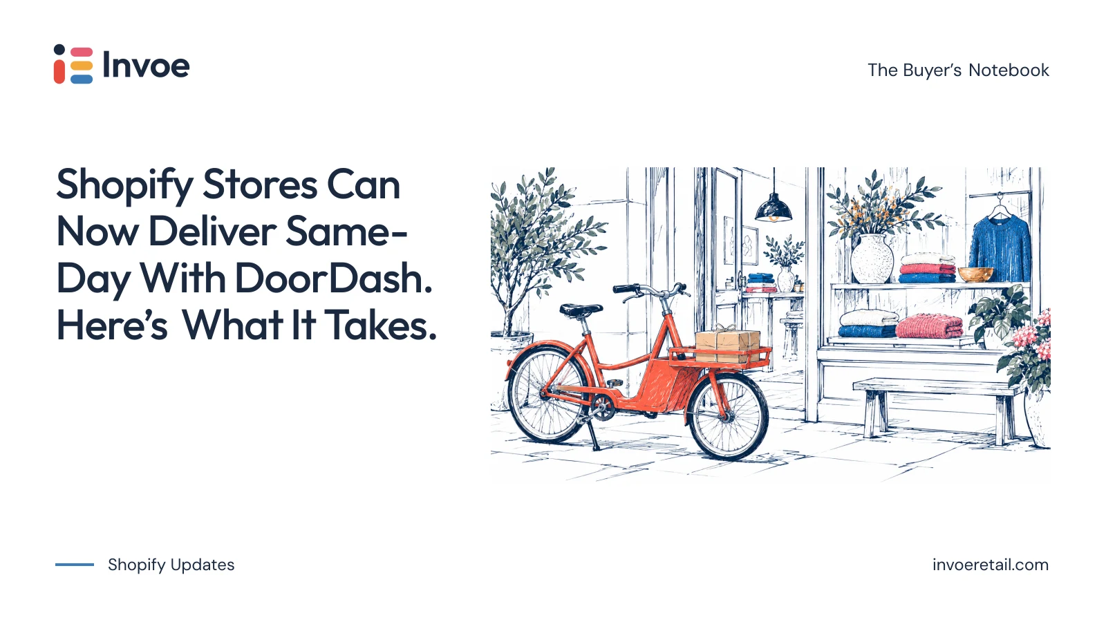 Illustration of a cargo bicycle carrying a parcel outside an independent store.