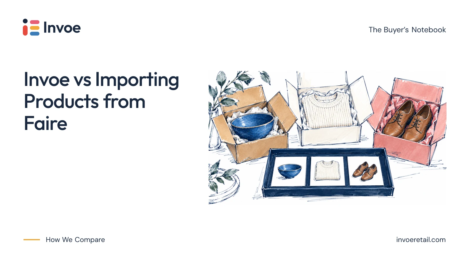 Illustration of products from three vendor parcels organized into one set of catalog cards.