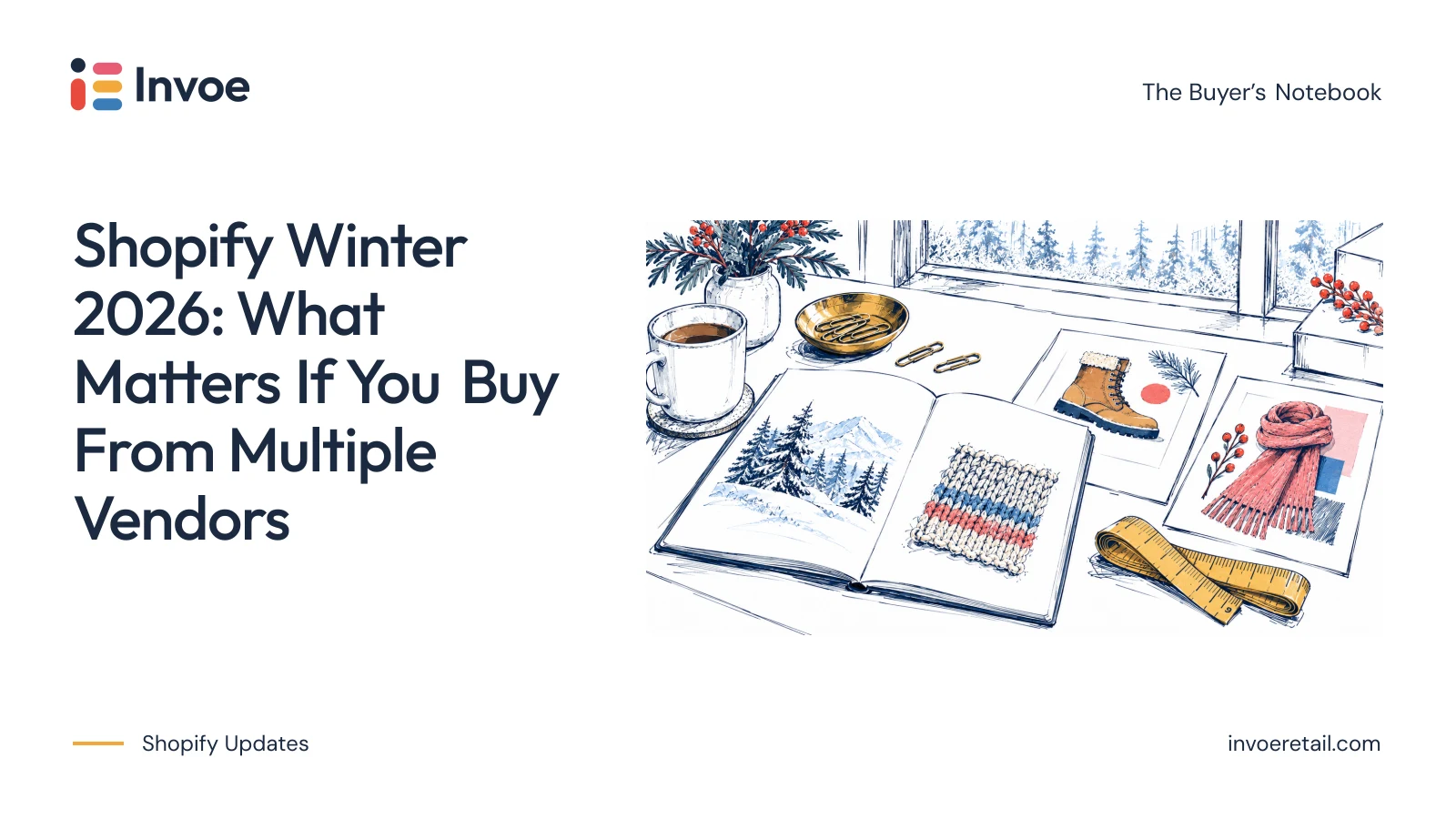 Illustration of winter product cards and knit samples on a retailer’s planning desk.